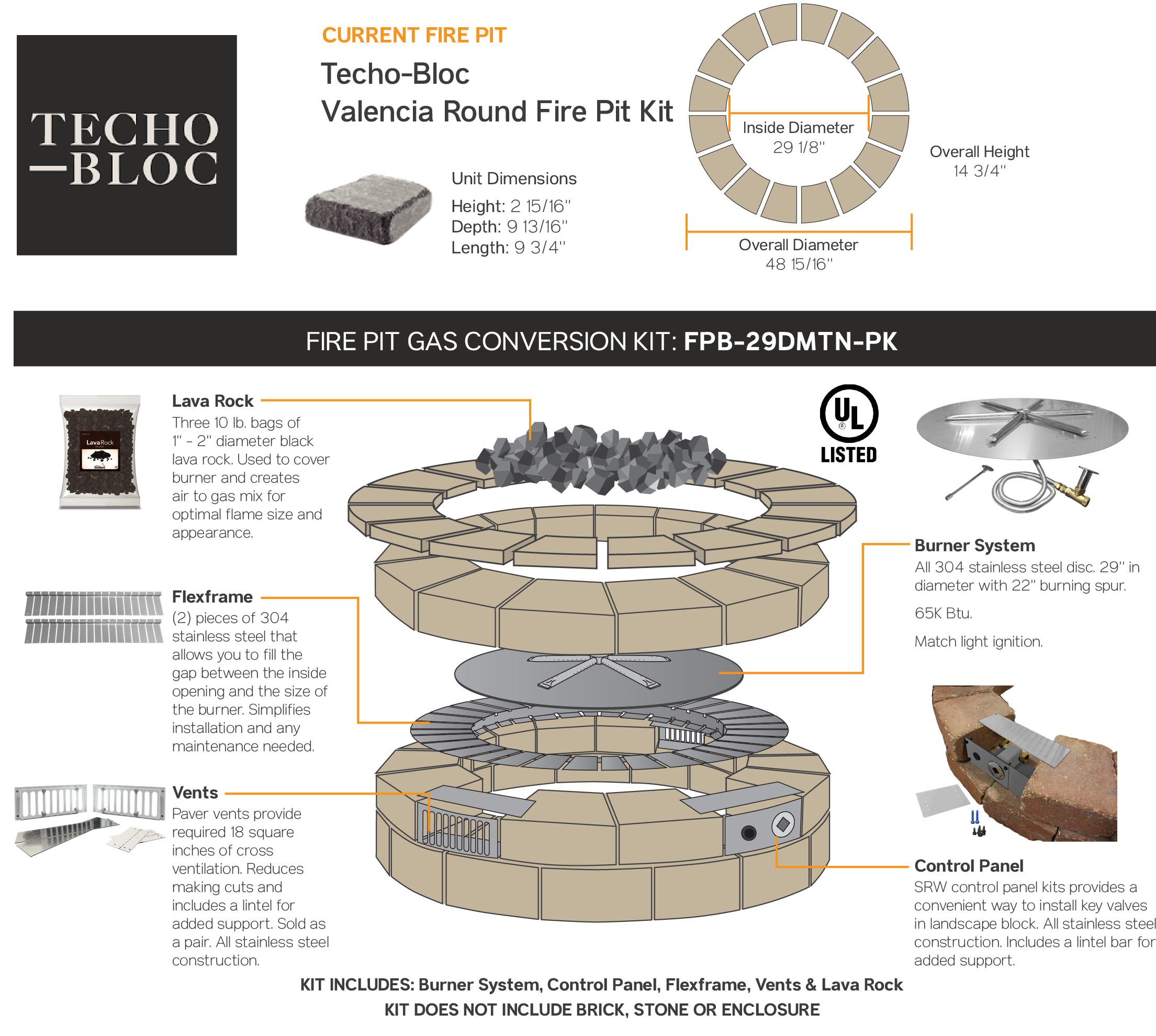 Techo Bloc Valencia Round Fire Pit, Gas Fire Pit Ring Insert