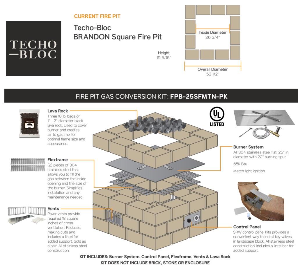 Gas Conversion Kit TechoBloc Brandon Square Fire Pit Fireboulder